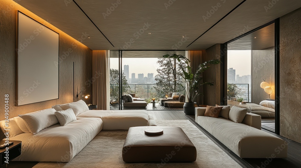 Fototapeta premium Serene Modern Apartment with Panoramic City View