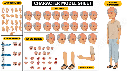 Indian Village Old Man Sprite Sheet, model sheet | Rigged 2D Character with Lip Sync, Walk Cycle, Eye Blink, Eyebrow Expressions, and Hand Sync | Ready-to-Use for Animation