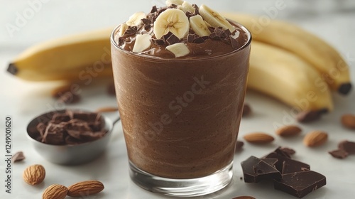 Chocolate Banana Smoothie in Glass on Marble Surface with Ingredients photo