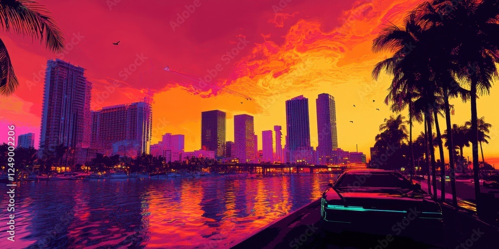 Obraz premium view of Miami, Florida skyline and bay framed by palm tree 