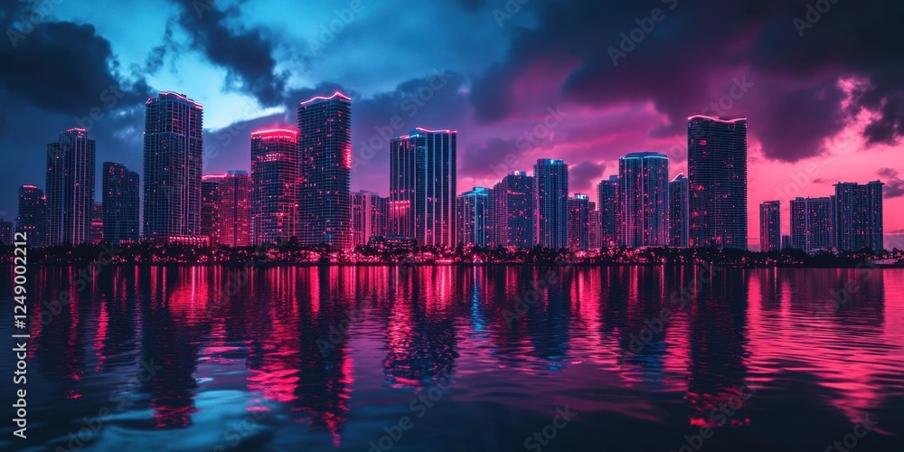 Fototapeta premium view of Miami, Florida skyline and bay framed by palm tree 