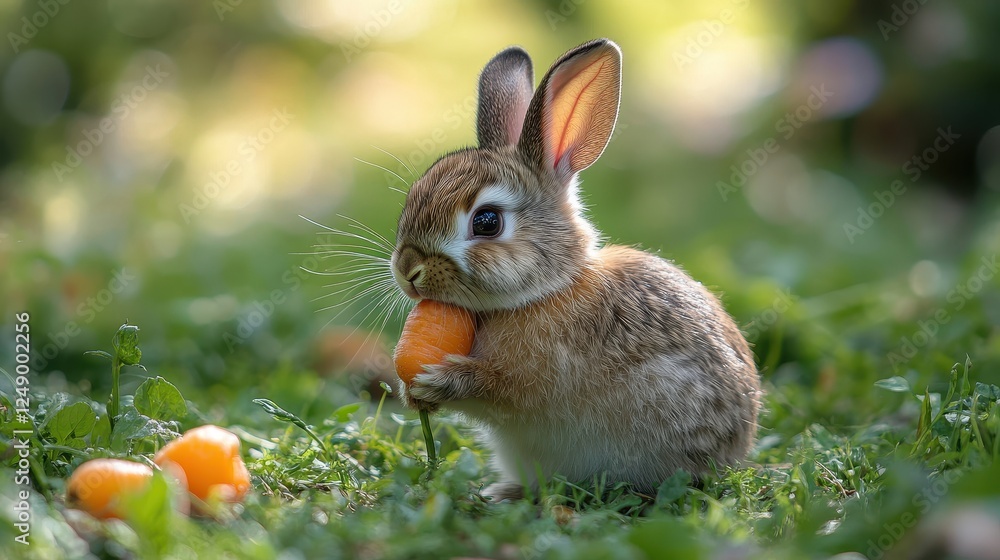 Fototapeta premium Cute bunny eating carrot in grassy field, sunny day, nature background; spring card