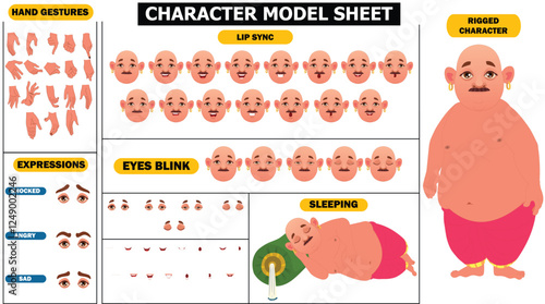 indian fat man cartoon vector illustration model sheet | Sleeping man | eyes blink, lip sync and multiple hand poses