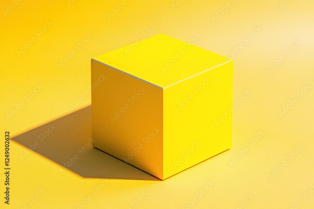 Yellow cube on yellow background with shadow.