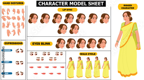 Indian Girl, woman, old woman Character Design Model Sheet with walk cycle animation. Girl Character design. eyes blink with eye brows expressions and lip sync. Hands poses ready to use for animation.