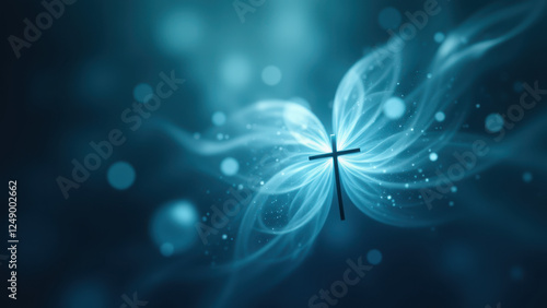 A butterfly with a cross on its body, set against a blurred background with floating lights.