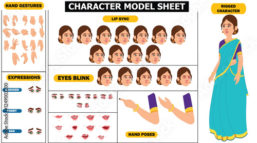 Indian Girl, woman, old woman Character Design Model Sheet with walk cycle animation. Girl Character design. eyes blink with eye brows expressions and lip sync. Hands poses ready to use for animation.