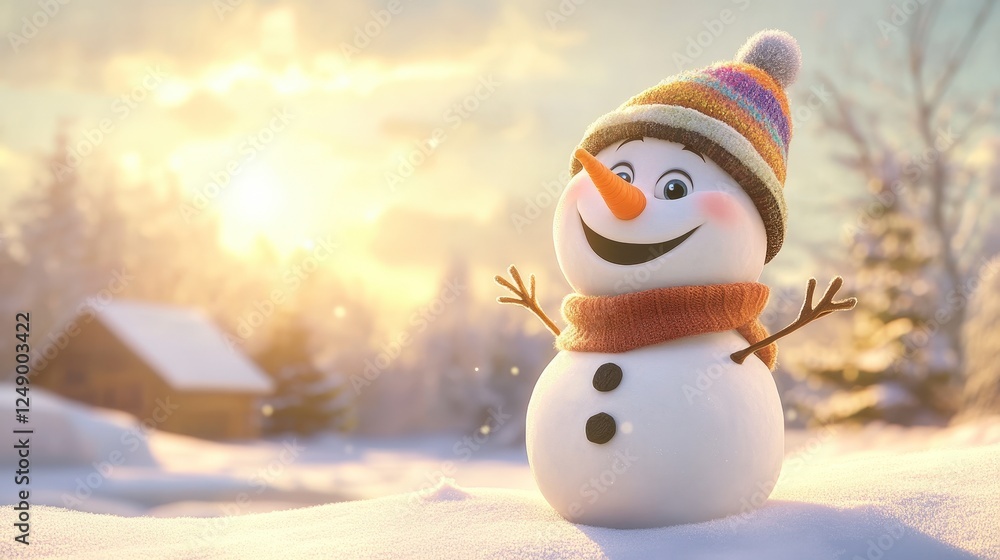 Fototapeta premium Cheerful Snowman with Colorful Hat in Winter Landscape at Sunset