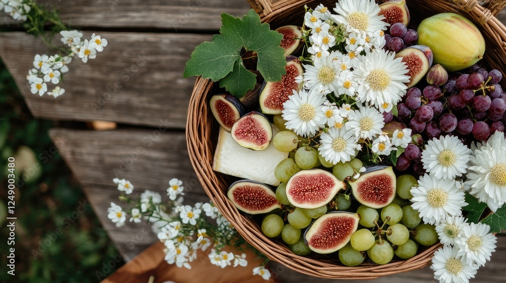 Flat lay of a festive Shavuot basket brimming with figs, grapes, cheese, and white flowers on a wooden background. Flat lay of a festive Shavuot basket brimming with figs, grapes, cheese, and white flowers on a wooden background.