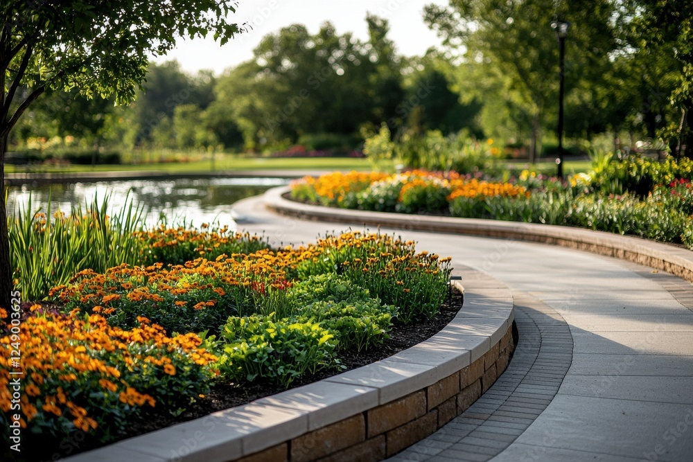 Obraz premium Vibrant community park with scenic pathways and flower beds
