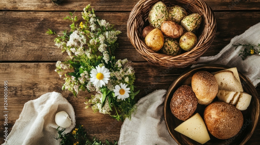 Fototapeta premium Flat lay of a Shavuot-themed table with a basket of fruits, cheese, and fresh flowers on a wooden background.