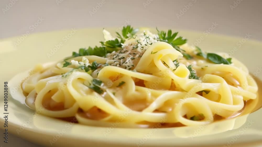 Creamy pasta with melted cheese and fresh herbs on a plate. 4K video Creamy pasta with melted cheese and fresh herbs on a plate. 4K video