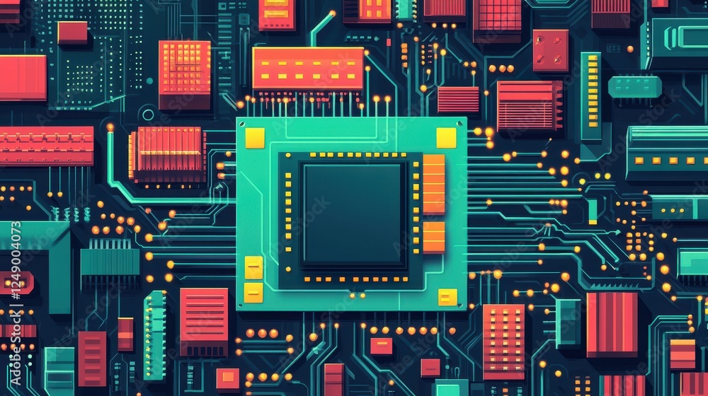 Intricate and Vibrant Illustration of a Computer Microchip on a Circuit Board with Various Colorful Electronic Components and Detailed Traces Intricate and Vibrant Illustration of a Computer Microchip on a Circuit Board with Various Colorful Electronic Components and Detailed Traces