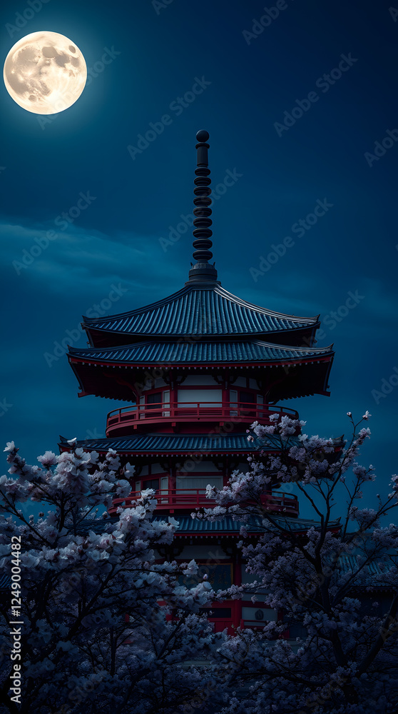  traditional Japanese pagoda under a full moon, with cherry blossoms phone wallpaper background | generative AI
