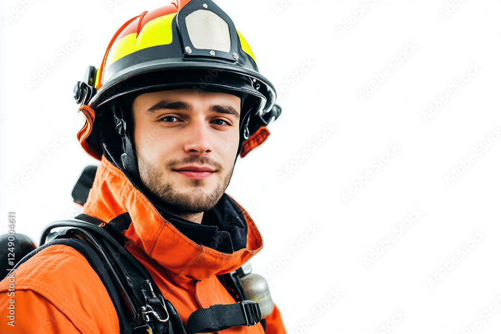 Fototapeta premium Generative AI Portrait of a Young Emotional Firefighter in Uniform Against White Background