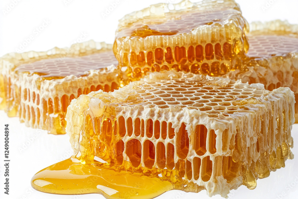 Cut honeycombs with amber honey flowing down the edges on a white background Cut honeycombs with amber honey flowing down the edges on a white background