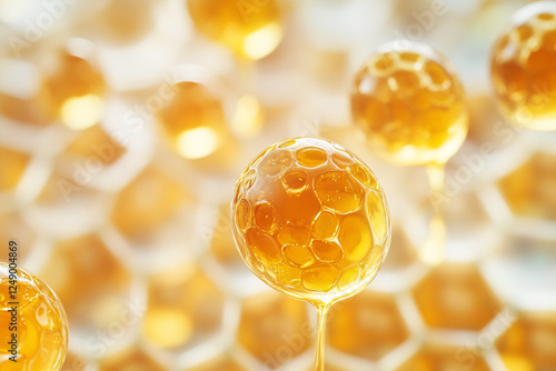 Close-up of cells with drops of honey photo