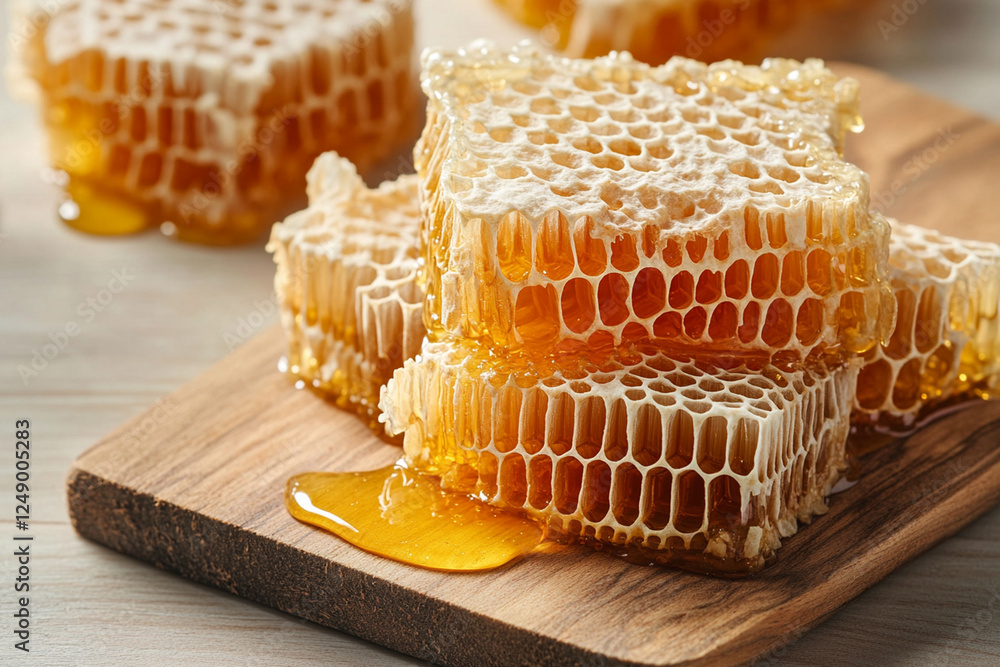 Natural honeycombs filled with honey on a wooden board on a white background Natural honeycombs filled with honey on a wooden board on a white background