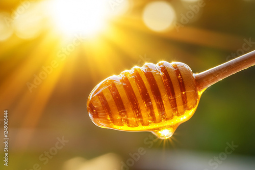 Spoon of honey on the background of sunlight photo