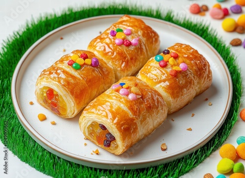 A plate of Ramadan sweets in the shape and color of flowers, decorated with nuts on a white background. Islamic festival. Turkish mini Persian pastries in the shape of a flower on a white table photo