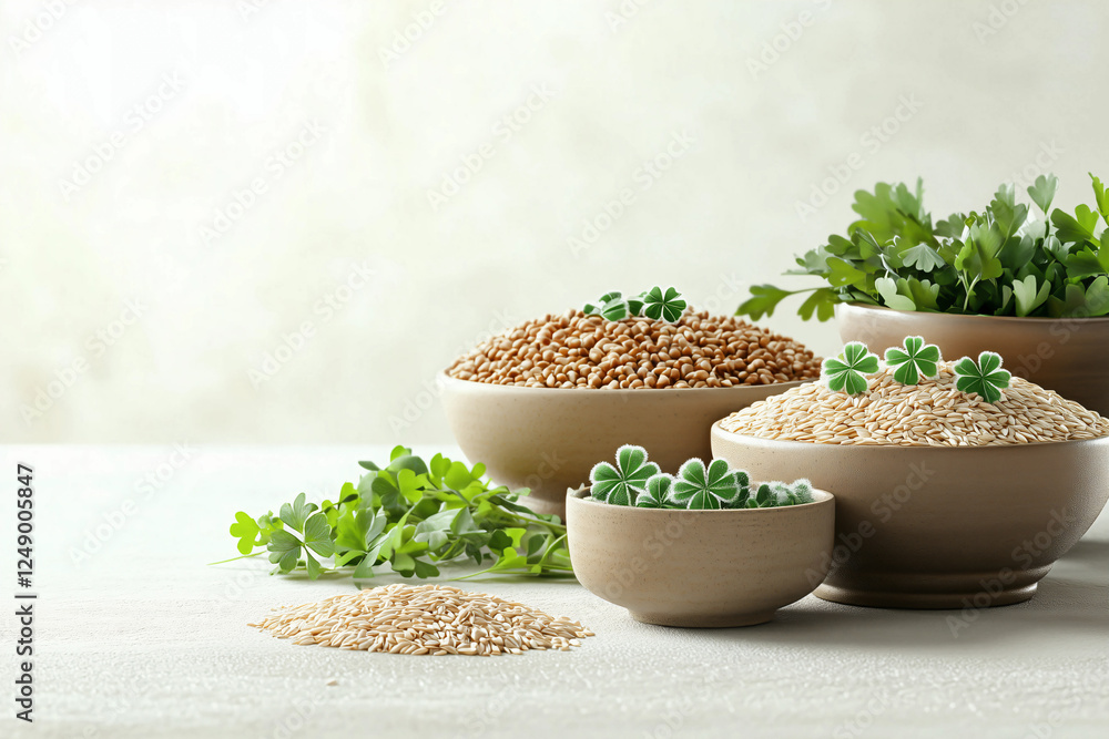 Various grains and fresh herbs displayed in bowls on a light background Various grains and fresh herbs displayed in bowls on a light background