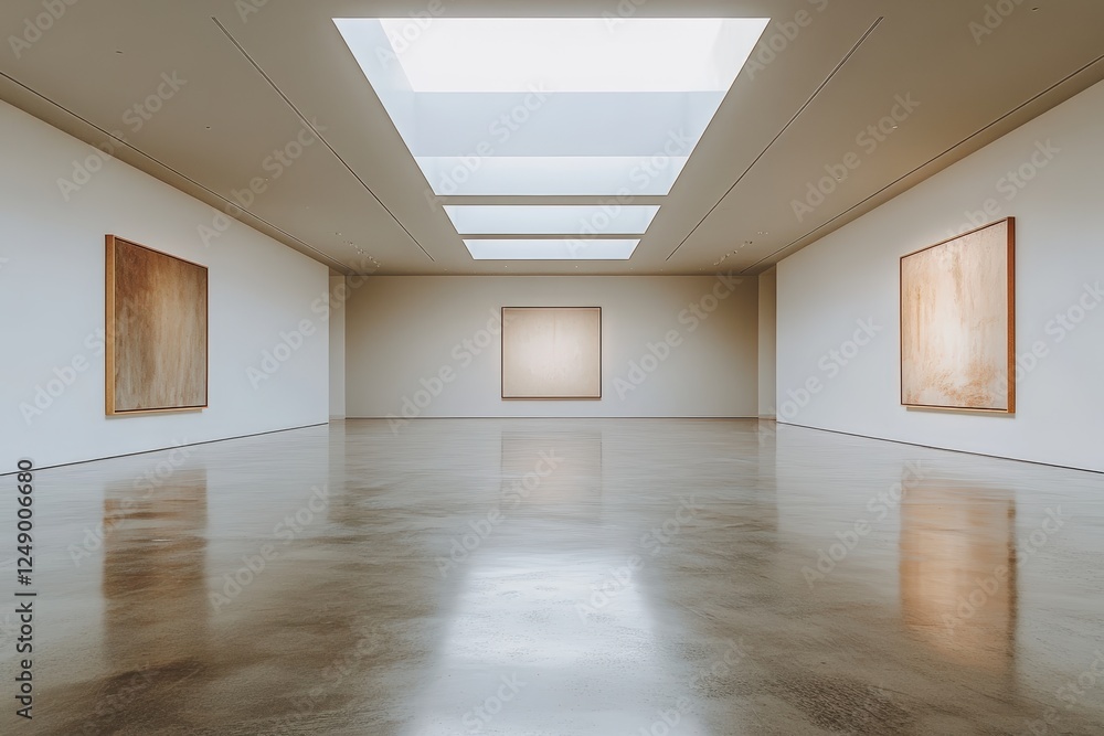 Fototapeta premium Spacious and Minimalist Interior of an Art Gallery Featuring Large Empty Room with Flat White Walls and Natural Light from Skylights
