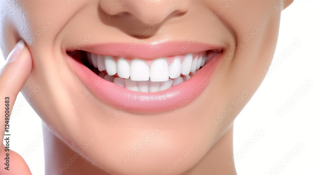 Fototapeta premium Radiant Smile: Beautiful Woman with Perfect White Teeth, Hand on Cheek, Isolated on White Background for Dental Clinic Ad