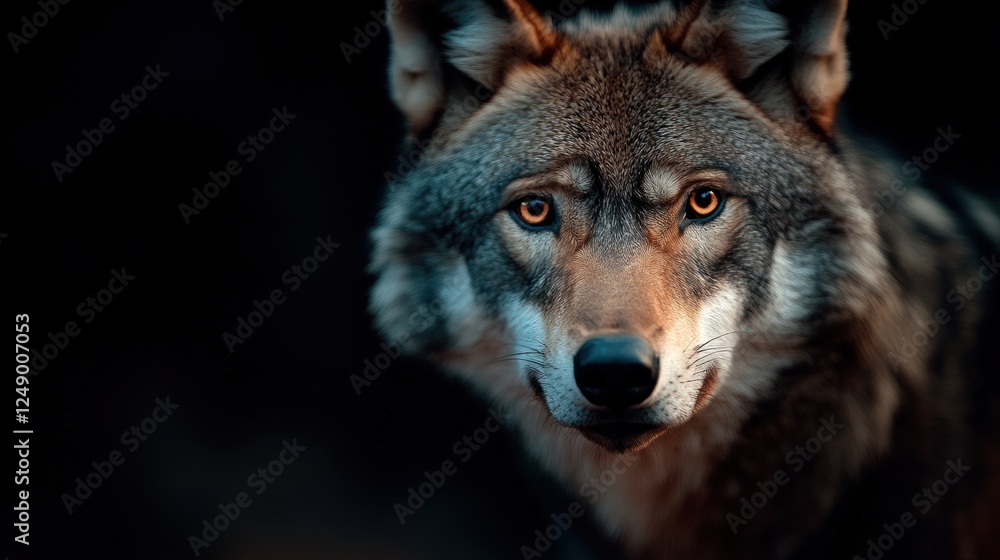 Fototapeta premium Majestic wolf portrait, forest night, intense gaze, wildlife