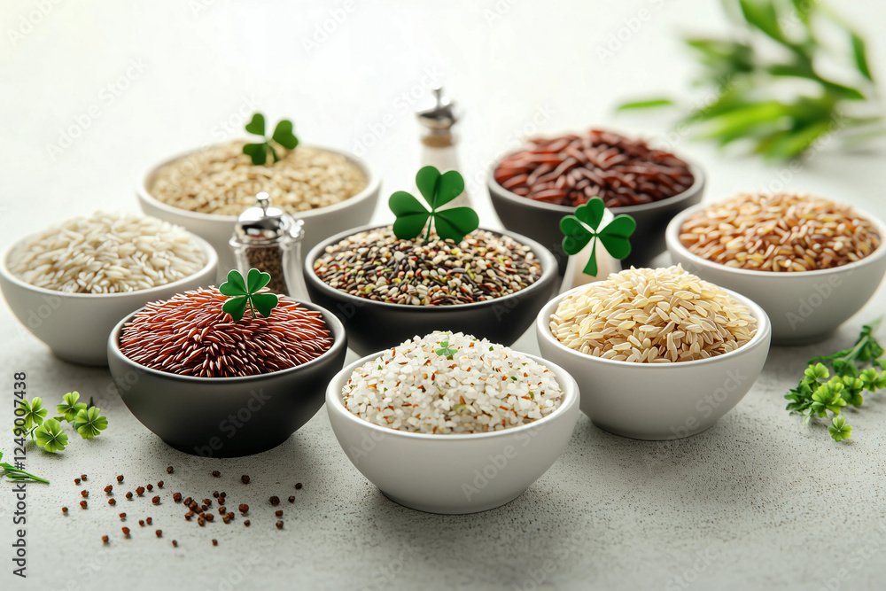 Variety of rice and grains displayed in bowls with decorative elements in a kitchen setting Variety of rice and grains displayed in bowls with decorative elements in a kitchen setting