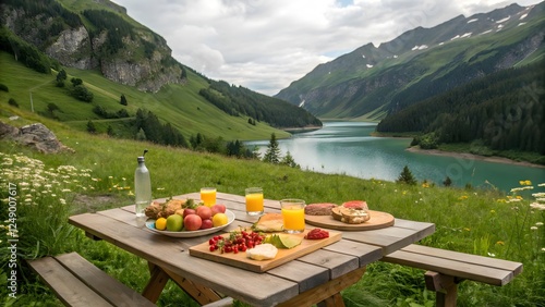 lake in the mountains with a picnic table