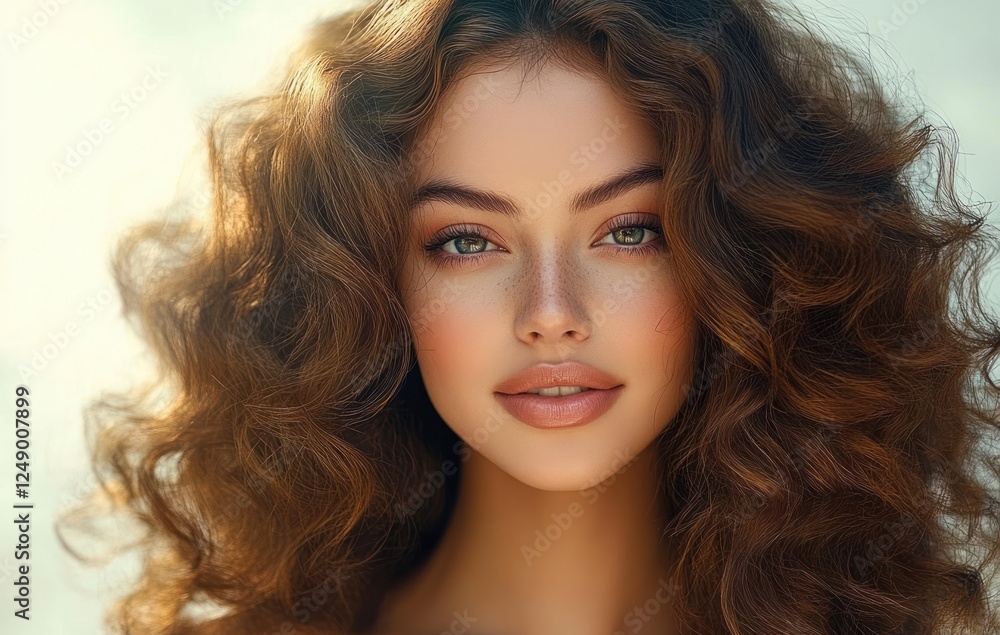 Obraz premium Curly Hair Beauty Portrait of a Smiling Woman in Natural Light with Voluminous Wavy Hair and Red Manicure