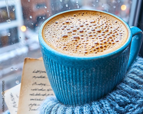 Cozy winter coffee by window with rain photo