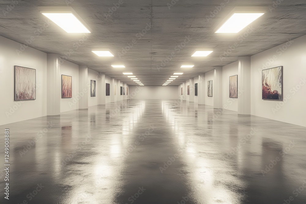 Fototapeta premium Spacious and Unadorned Gallery with Bright Lighting and Polished Concrete Floor, Ideal for Art Exhibitions and Creative Spaces