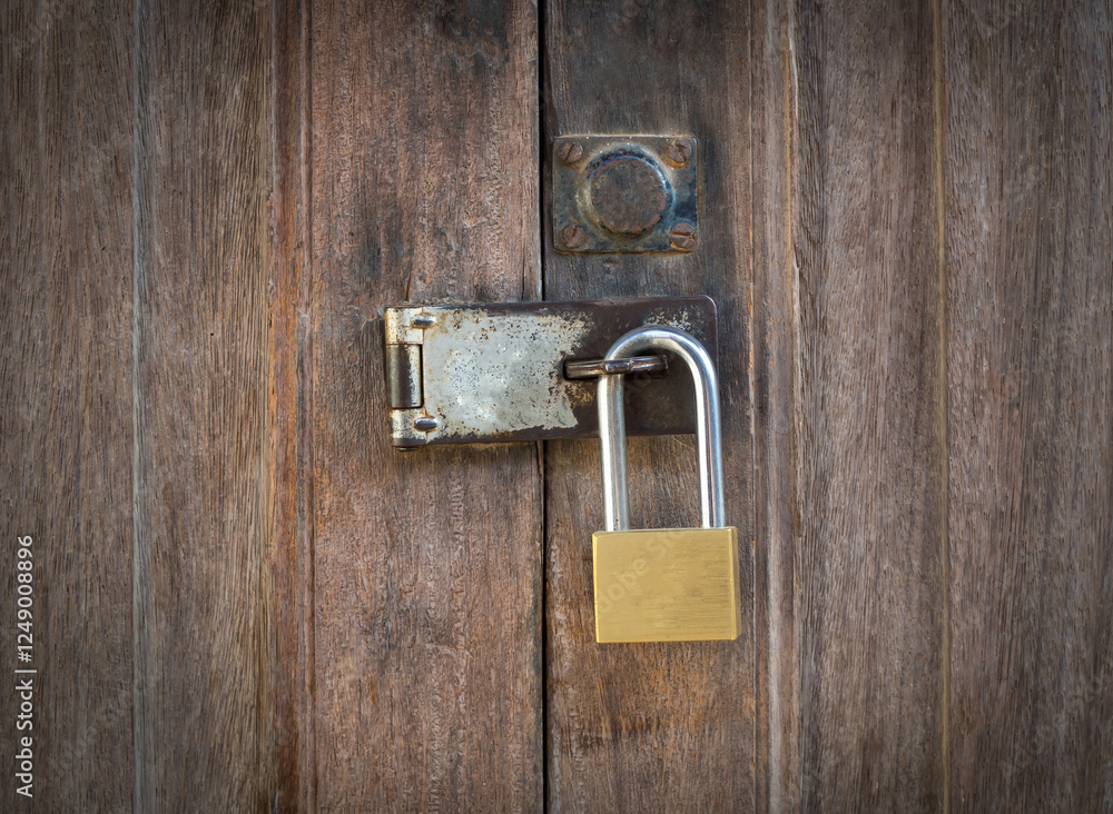 Fototapeta premium Locked padlock with chain at brown wooden door background, vintage