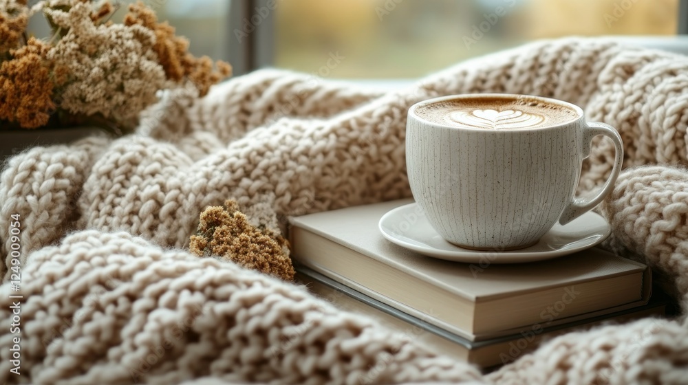 Cozy Autumn Morning: Coffee, Knit Blanket, and Book Cozy Autumn Morning: Coffee, Knit Blanket, and Book