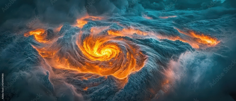 A glowing hurricane viewed from space, with its swirling eye clearly visible against the deep blue ocean. The vast scale of the storm highlights its power and destructive potential A glowing hurricane viewed from space, with its swirling eye clearly visible against the deep blue ocean. The vast scale of the storm highlights its power and destructive potential
