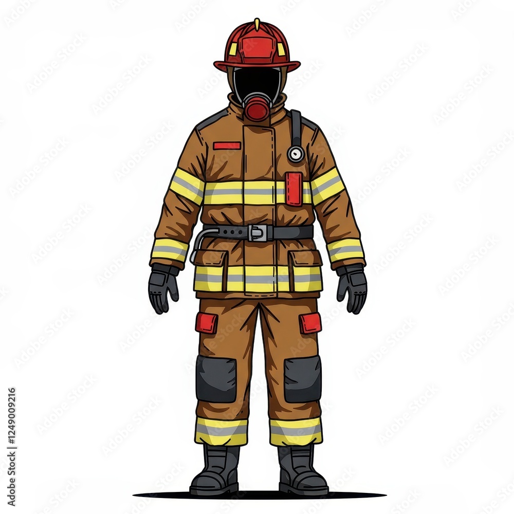Illustration of a Firefighter in Full Protective Gear with Helmet and Gas Mask, Ideal for Safety and Emergency Preparedness Education. Illustration of a Firefighter in Full Protective Gear with Helmet and Gas Mask, Ideal for Safety and Emergency Preparedness Education.