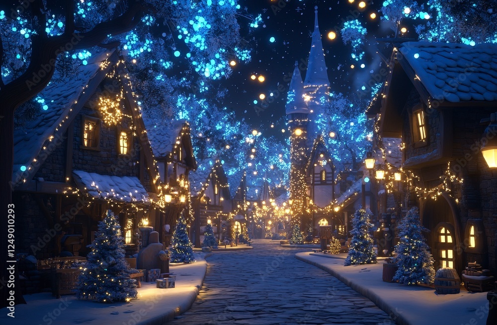Enchanted Winter Night in a Magical Snowy Village Scene Enchanted Winter Night in a Magical Snowy Village Scene