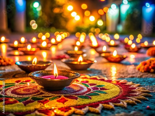 Diwali Festival: Candid Shot of Lit Diyas & Intricate Rangoli Patterns photo