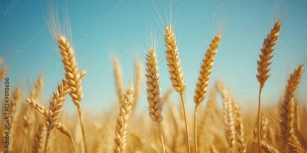 golden wheat stalks sway gently in the warm summer breeze, bathed in the golden light of the setting sun. The bright blue sky behind them provides a dramatic contrast. golden wheat stalks sway gently in the warm summer breeze, bathed in the golden light of the setting sun. The bright blue sky behind them provides a dramatic contrast.