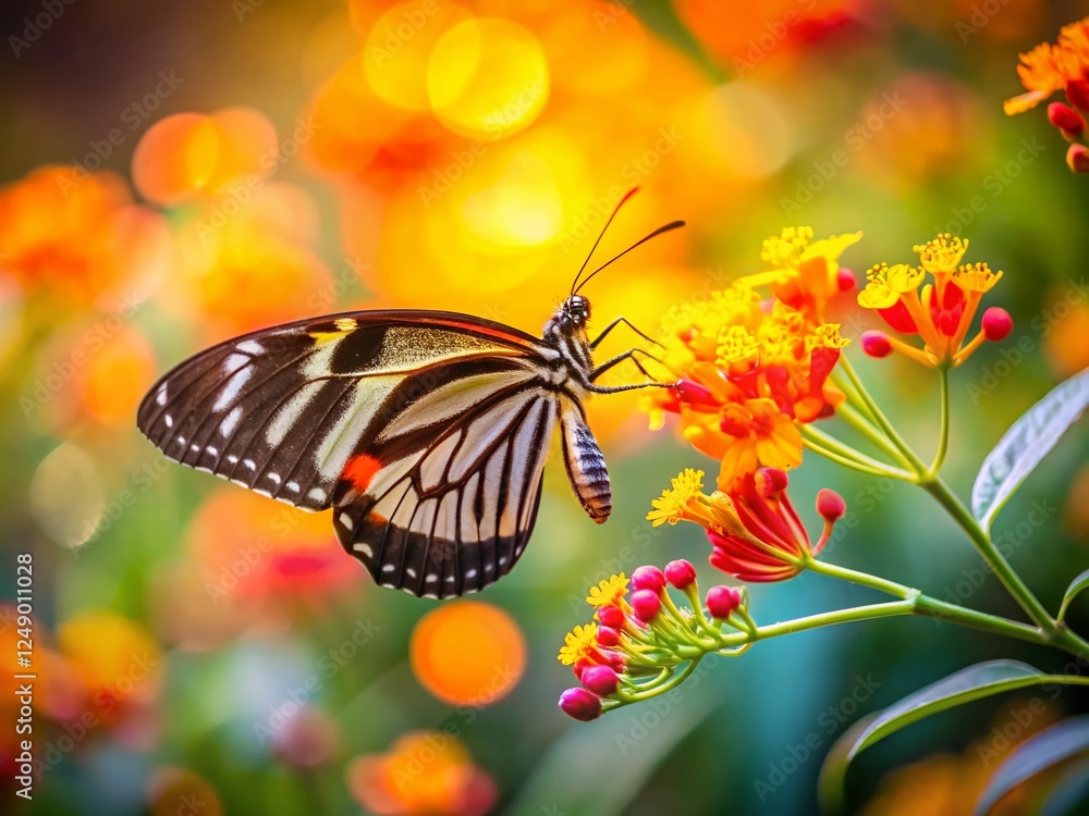 Obraz premium Double Exposure: Black, White & Red Zebra Longwing Butterfly on Firebush Flower
