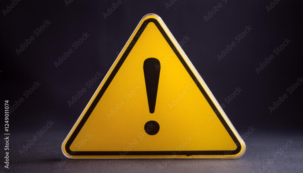 Yellow caution warning sign with exclamation mark. Traffic sign. Dark background. Yellow caution warning sign with exclamation mark. Traffic sign. Dark background.