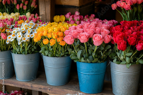 Wallpaper Mural Vibrant Generative AI Floral Display Featuring Roses, Ranunculus, and Seasonal Flowers at a Flower Market Torontodigital.ca