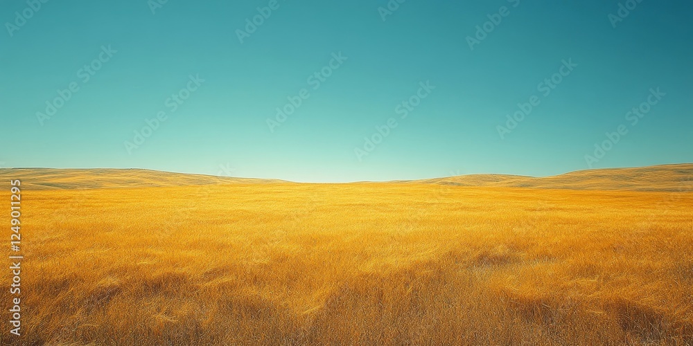 a vast expanse of golden grass stretching towards a clear, blue sky, evoking a sense of serenity and endless possibilities a vast expanse of golden grass stretching towards a clear, blue sky, evoking a sense of serenity and endless possibilities
