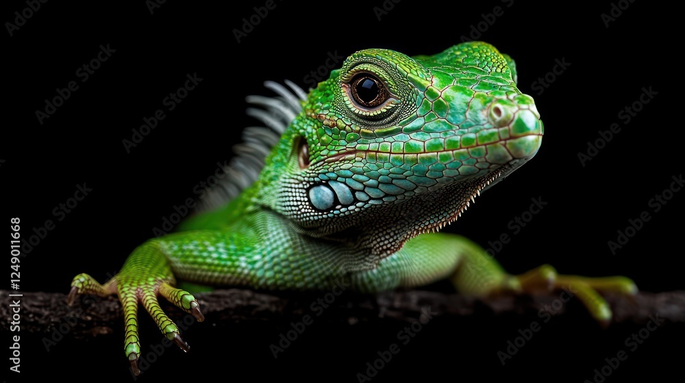 Close-up emerald lizard on dark branch, studio shot Close-up emerald lizard on dark branch, studio shot