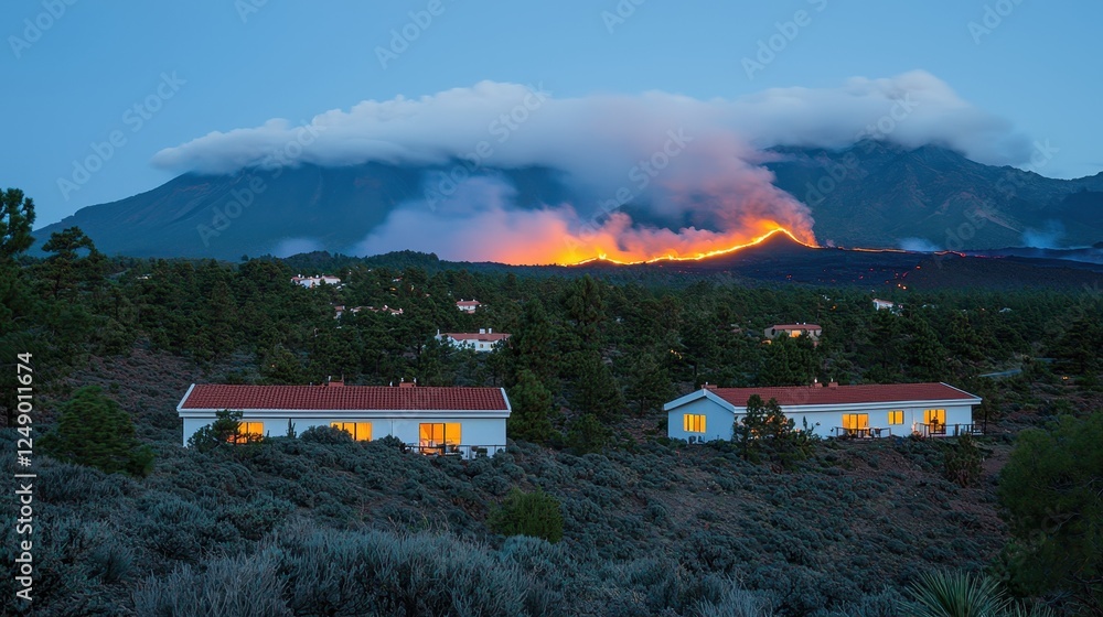 Fototapeta premium A glowing mountain village engulfed in thick fog and ash after a nearby volcanic eruption, with rooftops barely visible through the haze. The eerie glow from the distant lava flow adds a sense