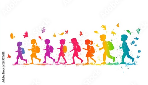 Concept of childrens growth stages, showing physical, emotional, academic, and social behavior milestones from early childhood to adolescence, with vibrant and detailed visuals