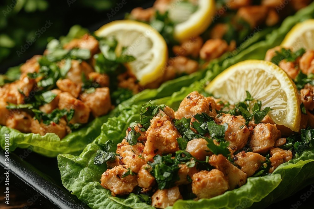 turkey lettuce wraps filled with fresh ingredients and garnished with lemon slices and herbs presented beautifully showcasing healthy eating and culinary creativity turkey lettuce wraps filled with fresh ingredients and garnished with lemon slices and herbs presented beautifully showcasing healthy eating and culinary creativity