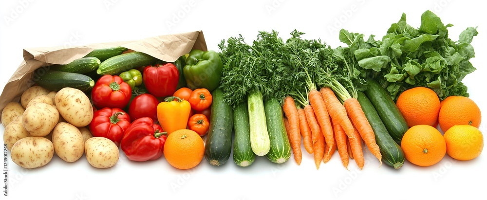A paper bag containing fresh vegetables and fruits, including tomatoes, peppers, carrots, potatoes A paper bag containing fresh vegetables and fruits, including tomatoes, peppers, carrots, potatoes
