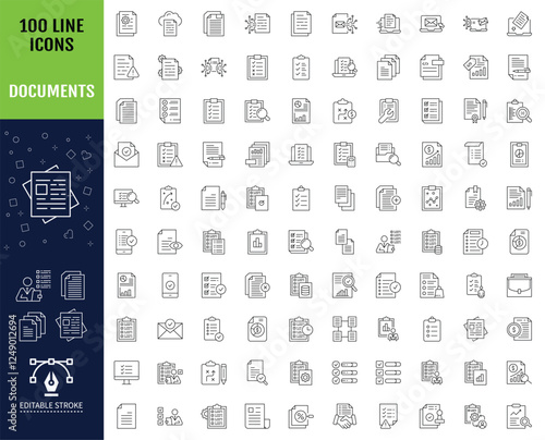 Big set of 100 Documents line icons set. Editable stroke. Containing File, page, form, report, search, list and more. Vector illustration